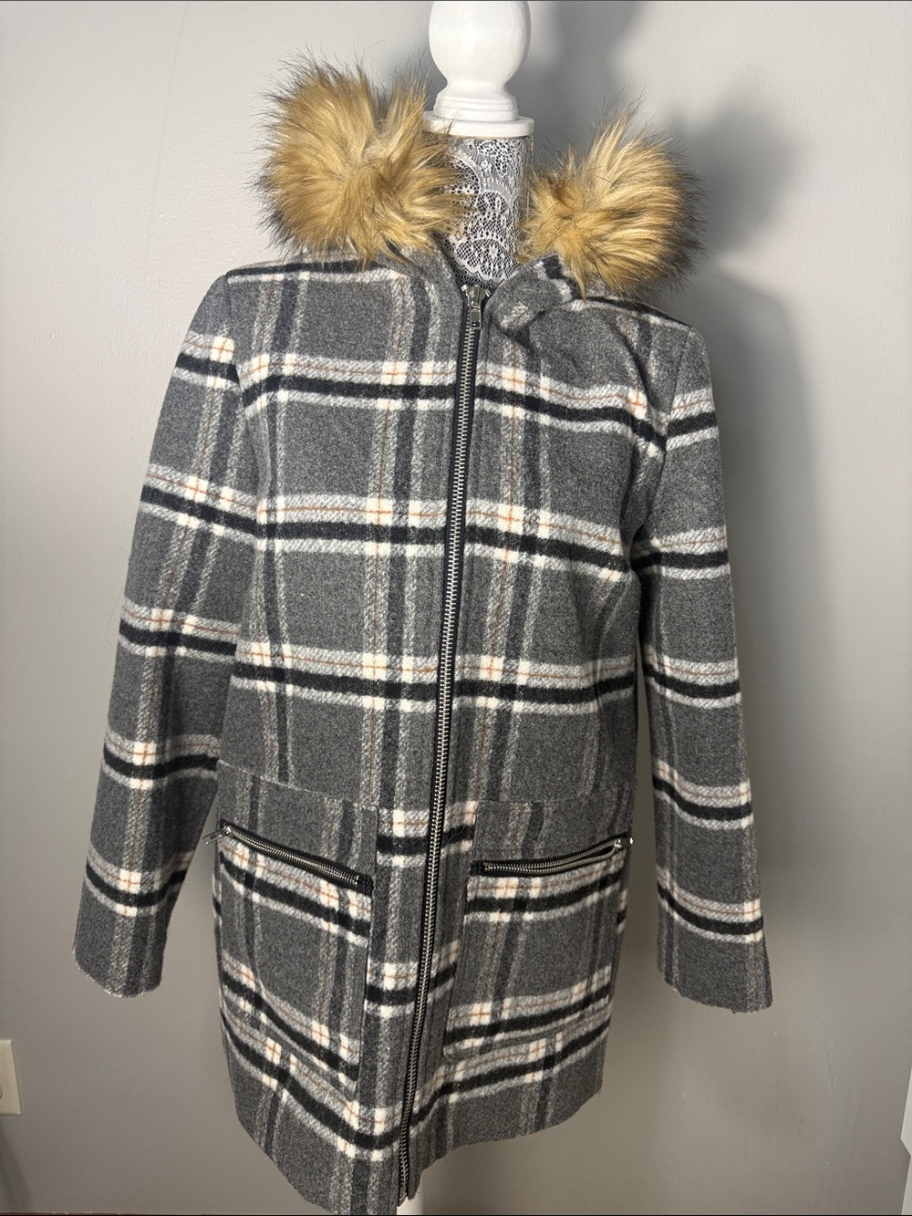 Forever 21 Gray Plaid Hooded Pea Coat with Faux-Fur Trim